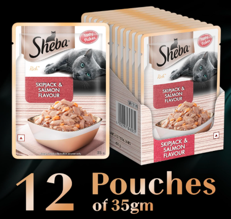 Sheba Rich Premium Adult (1+ Years) Wet Cat Food, Skipjack & Salmon Flavour, 35 g Pouch (Pack of 12), High-moisture wet food for healthy hydration