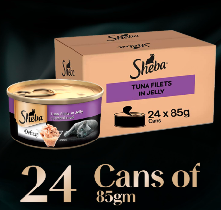 Sheba Deluxe Premium Adult (1+ Years) Wet Cat Food, Tuna Fillets in Jelly, 85 g Can (Pack of 24), High-moisture wet food for healthy hydration