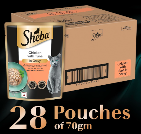 Sheba Fine Premium Adult (1+ Years) Wet Cat Food, Chicken with Tuna in Gravy, 70 g Pouch (Pack of 28), High-moisture gravy cat food