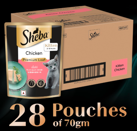Sheba Fine Premium Kitten (2-12 months) Wet Cat Food, Chicken Premium Loaf, 70 g Pouch (Pack of 28), High-moisture gravy kitten cat food