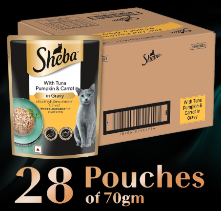 Sheba Fine Premium Adult (1+ Years) Wet Cat Food, Tuna Pumpkin & Carrot in Gravy, 70 g Pouch (Pack of 28), High-moisture gravy cat food