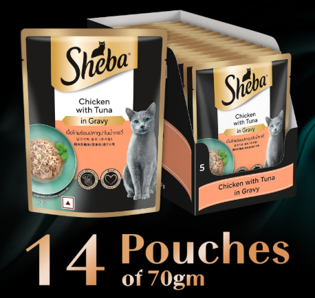 Sheba Fine Premium Adult (1+ Years) Wet Cat Food, Chicken with Tuna in Gravy, 70 g Pouch (Pack of 14), High-Moisture Gravy cat Food
