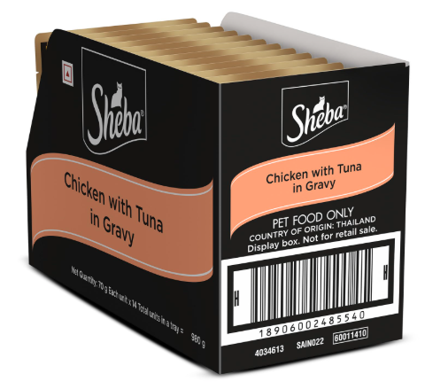 Sheba Fine Premium Adult (1+ Years) Wet Cat Food, Chicken with Tuna in Gravy, 70 g Pouch (Pack of 14), High-Moisture Gravy cat Food
