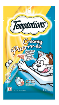 Temptations Creamy Purrrrr-ée Lickable Cat Treats, Chicken & Tuna Flavour, 48g, (Pack of 24), Made with Real Fish