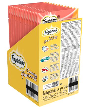 Temptations Creamy Purrrrr-ée Lickable Cat Treats, Salmon & Cheese Flavour, 48 g, (Pack of 12), Made with Real Fish