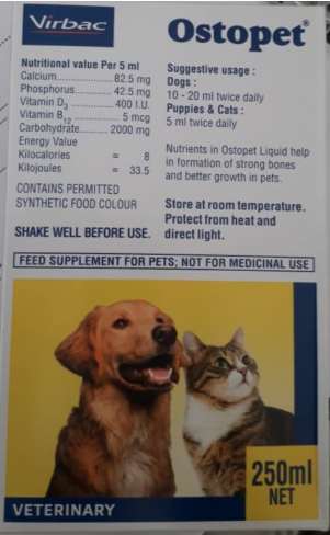 Virbac, Ostopet 250ml - Liquid Supplement aiding Bone Health and Growth for Pets- Pack of 2