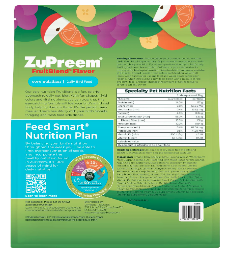 ZuPreem Fruitblend Flavor with Natural Flavors Avian Diets Small Bird Food Pellet - 907 Gm