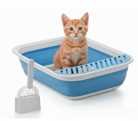 Foldable Cat Litter Tray with Fashion Scoop, Collapsible Small Litter Tray Kitten Open Potty Pan Travel (Blue)