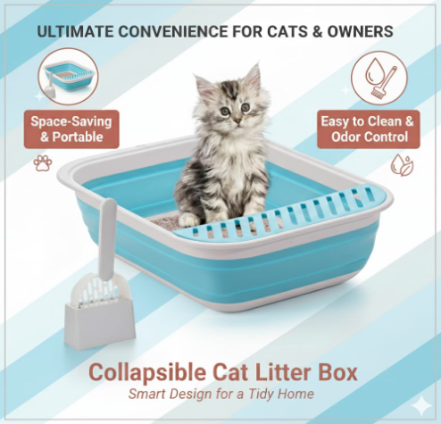Foldable Cat Litter Tray with Fashion Scoop, Collapsible Small Litter Tray Kitten Open Potty Pan Travel (Blue)