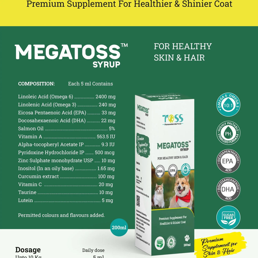Tossvet Megatoss Syrup (200ml) Skin & Coat Supplement for Dogs and Cats