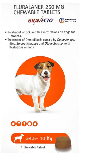 BRAVECTO 250mg Chewable Tick Tablets For Dogs 4.5 - 10 kg Body Weight.