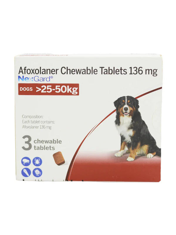 Nexgard Afoxolaner 136g Chewable Tick & Flea Tablets For Dogs Body Weight 25-50kg (Pack of 3 tablets)