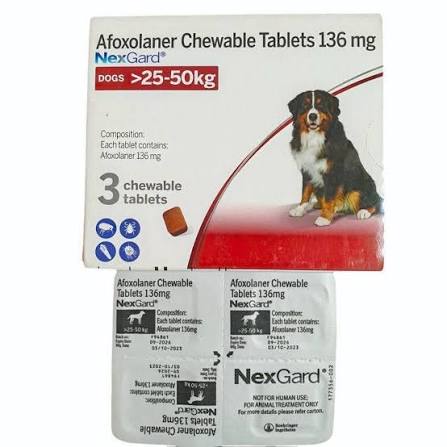 Nexgard Afoxolaner 136g Chewable Tick & Flea Tablets For Dogs Body Weight 25-50kg (Pack of 3 tablets)