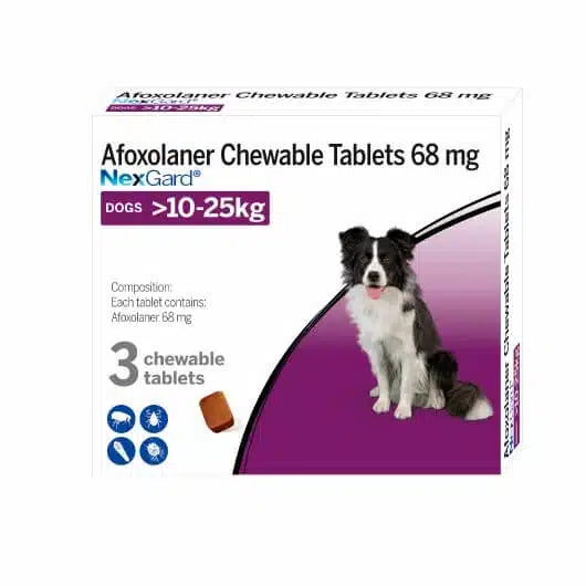 Nexgard Afoxolaner 68g Chewable Tick & Flea Tablets For Dogs Body Weight 10-25kg (Pack of 3 tablets)